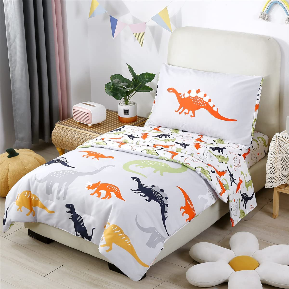 URBONUR 4-Piece Toddler Bedding Set - Ultra Soft Cartoon Jurassic Dinosaur Print Boys Toddler Comforter Set - Include Comforter, Flat Sheet, Fitted Sheet and Reversible Pillowcase, Gray Dinosaur