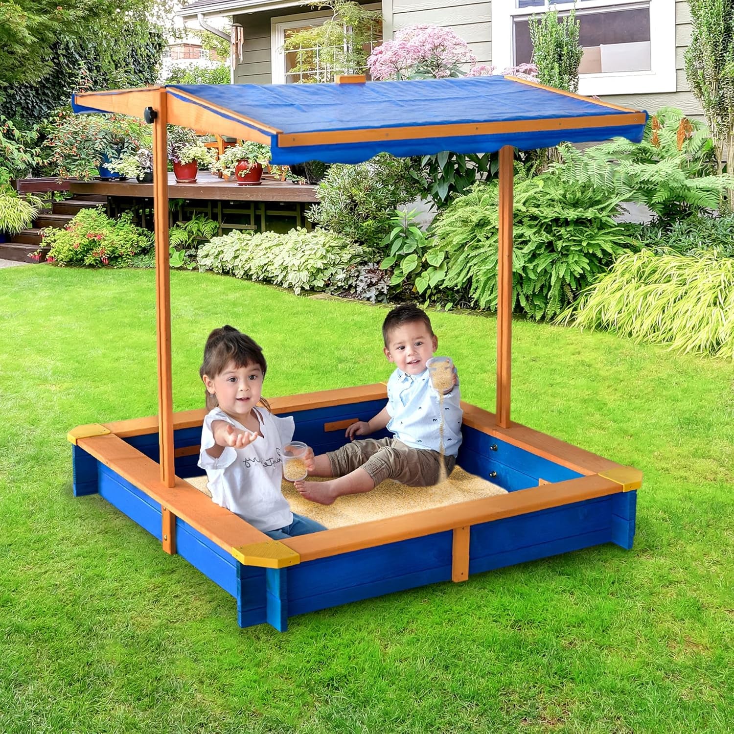 Teamson Kids Outdoor 46 In. X 46 In. Spruce Sand Box with Adjustable Canopy and 300 Lb. Sand Capacity, Blue and Wood