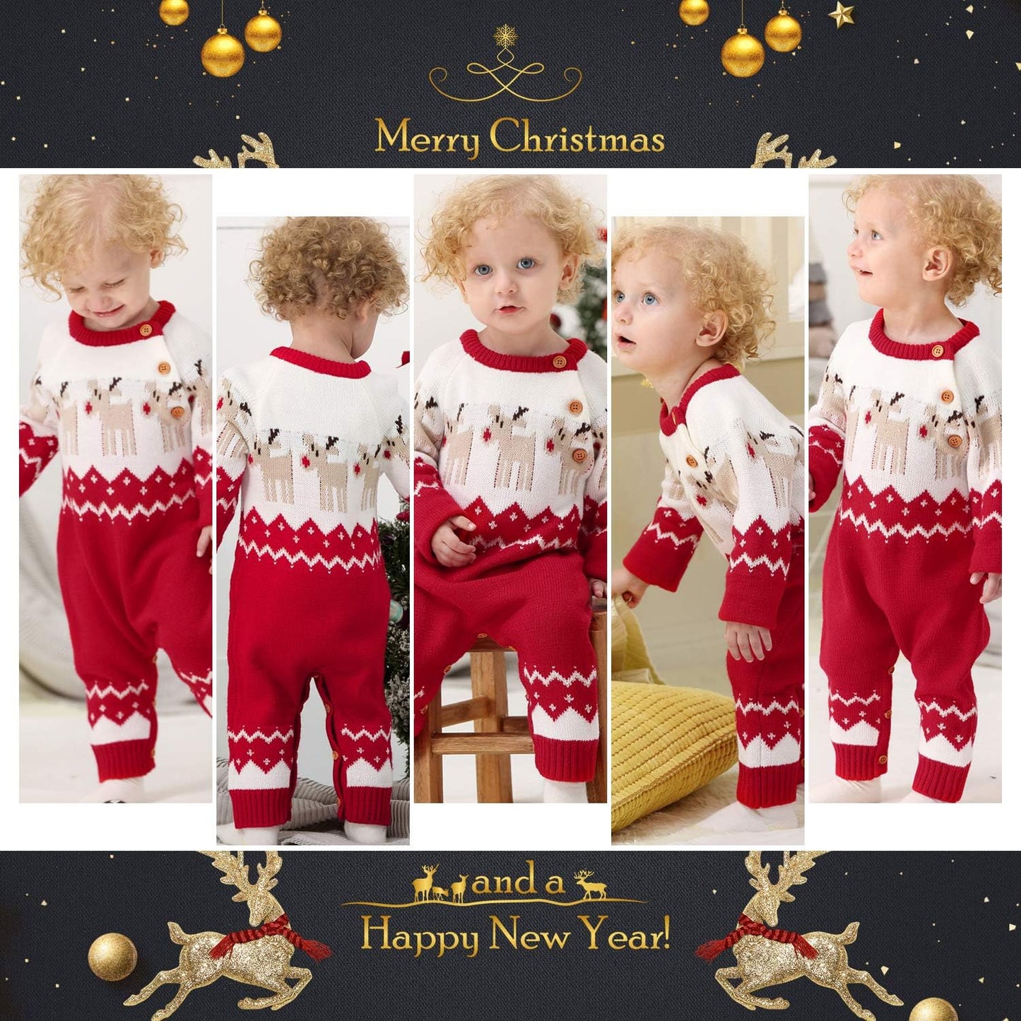 Mimixiong Baby Christmas Sweater Toddler Reindeer Outfit Long Sleeve Red Clothes