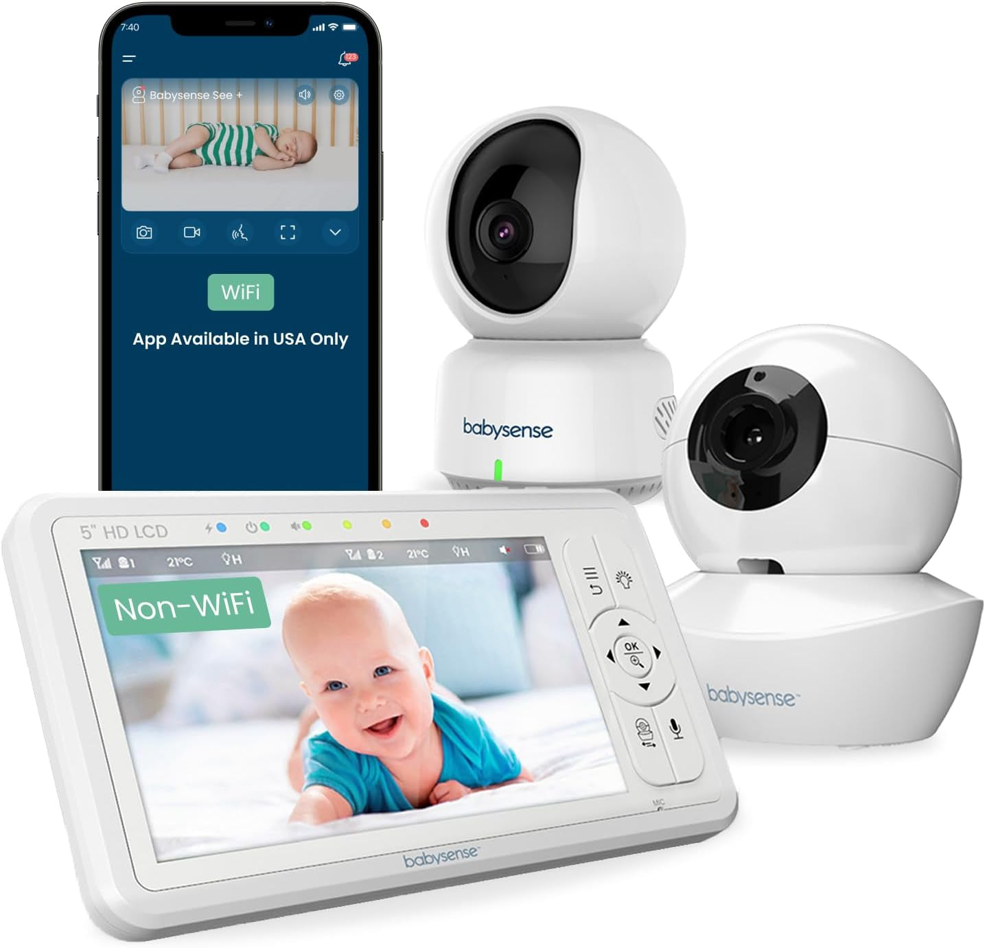 Babysense Baby Monitors Bundle - 2.4Ghz Wifi Camera with App & Separate Non-Wifi Video Baby Monitor with Camera and Audio (Products Don'T Connect/Pair with Each Other)