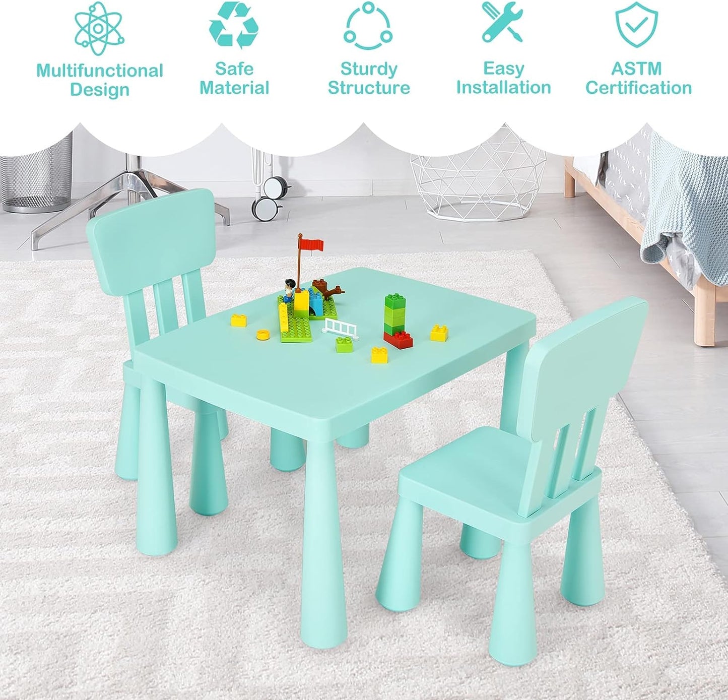 Costzon Kids Table and Chair Set, 3 Piece Plastic Children Activity Table for Reading, Drawing, Snack Time, Arts Crafts, Preschool, Kindergarten & Playroom, Easy Clean, Toddler Table & Chair (Green)