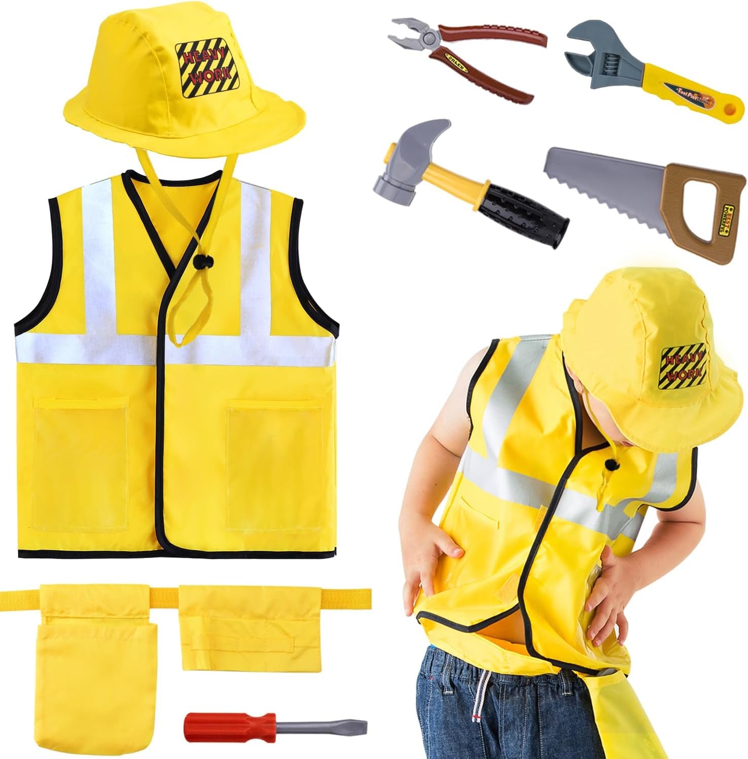 Iplay, Ilearn Construction Worker Costumes for Boys, Toddler Dress up Clothes, Kid Builder Career Outfit, Tool Belt Vest Hat, Pretend Role Play Toy Set, Halloween Birthday Gift 3 4 5 6 Years Old Child