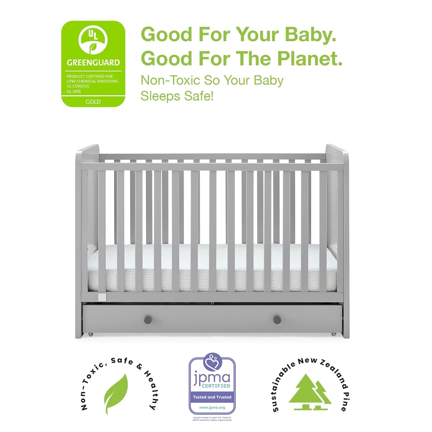 GAP Babygap Graham 4-In-1 Convertible Crib with Storage Drawer - Greenguard Gold Certified, Grey/Dark Grey