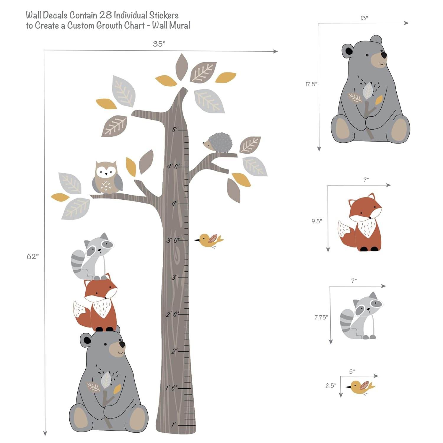 Lambs & Ivy Woodland Forest Tree with Animals Kids Growth Chart Wall Decals