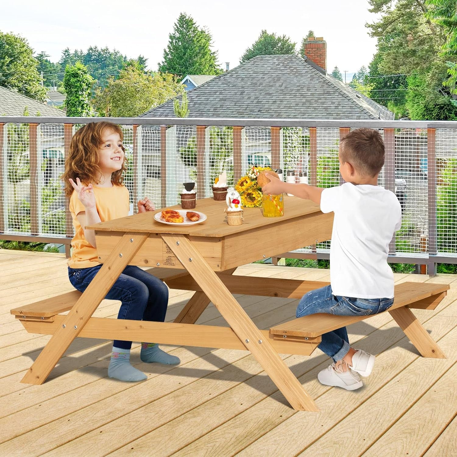 Costzon Kids Picnic Table, 3 in 1 Multipurpose Sand & Water Table W/Removable Top & 2 Storage Boxes, Wooden Construction, Indoor & Outdoor Table Bench Set for Patio, Yard, Activity Play Table