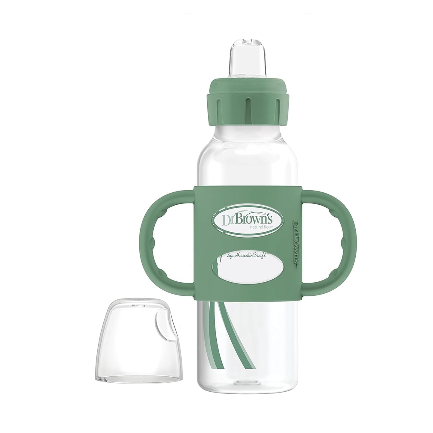 Dr. Brown'S Milestones Narrow Sippy Spout Bottle with 100% Silicone Handles, Easy-Grip Handles with Soft Sippy Spout, 8Oz/250Ml, Green & Gray, 2-Pack, 6M+