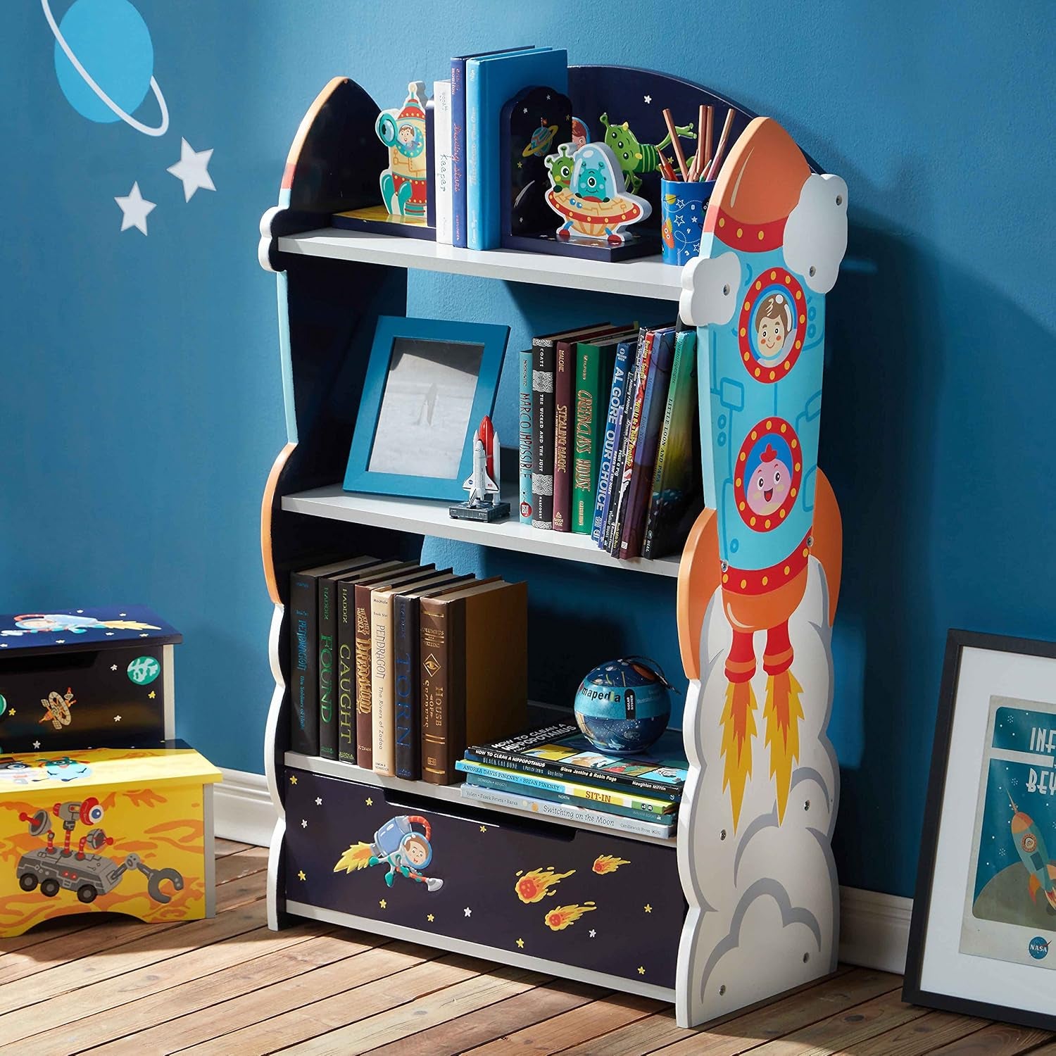 Fantasy Fields Outer Space 3 Tier Kids Bookcase, Wooden Kids Book Shelf with Hand Crafted Designs and Toy Storage Drawer, Blue