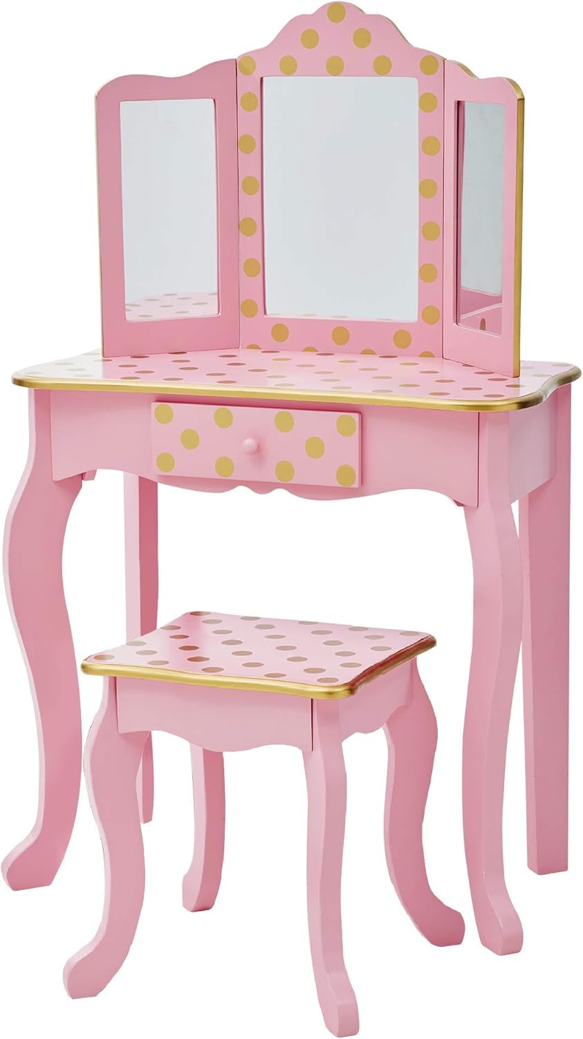 Teamson Kids Pretend Play Kids Vanity, Table & Chair Vanity Set with Mirror, Girls Makeup Dressing Table with Storage Drawer & Polka Dot Print, Gisele Collection, Pink/Gold