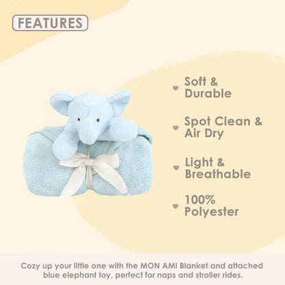 MON AMI Blanket with Attached Elephant Stuffed Toy – 29X29”, Lightweight Nursery & Stroller Blanket for Baby Boys and Girls