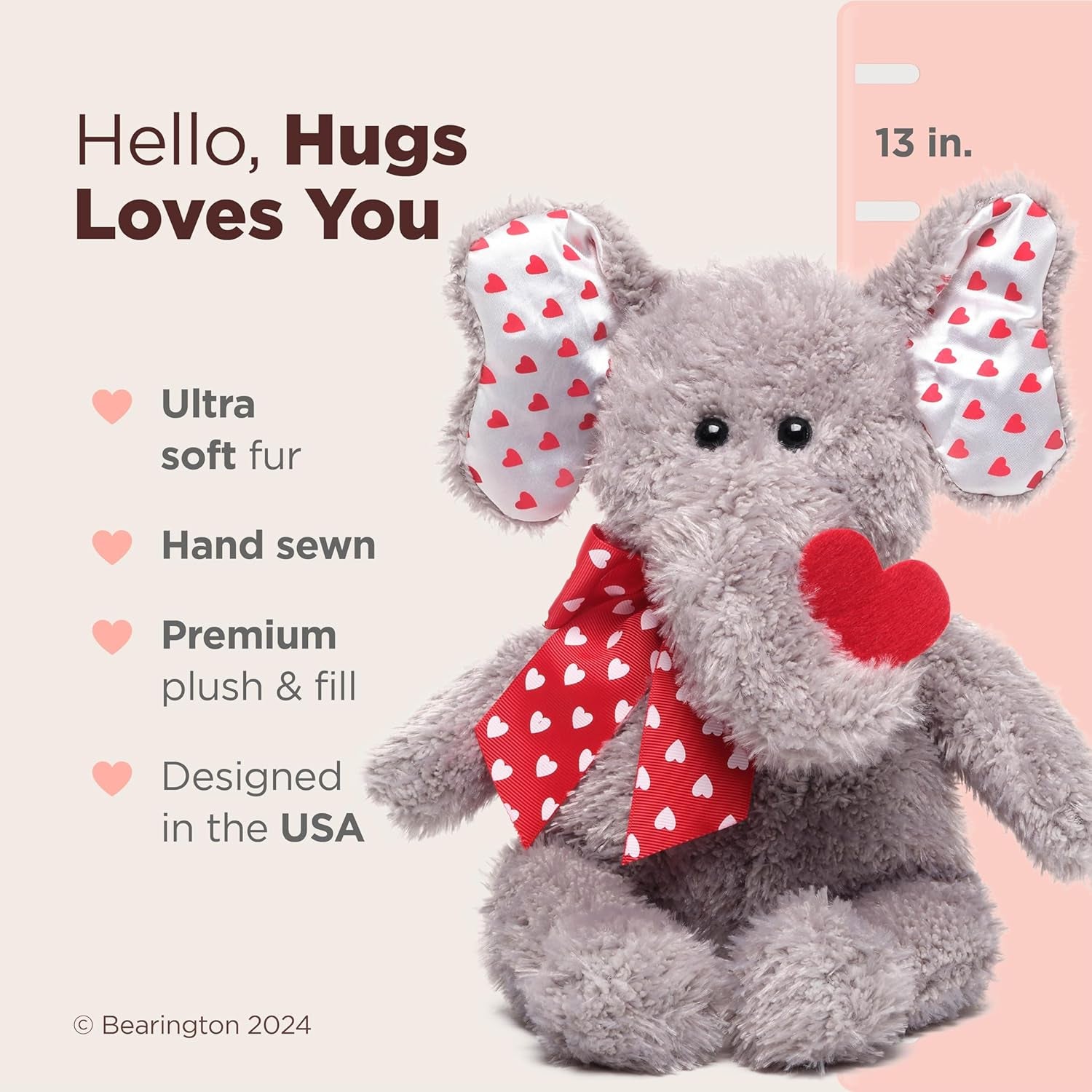 Bearington Hugh Loves You Valentine'S Stuffed Animal for Kids, 13 Inch Elephant Stuffed Animal, Ideal as a Valentine'S Day Gift