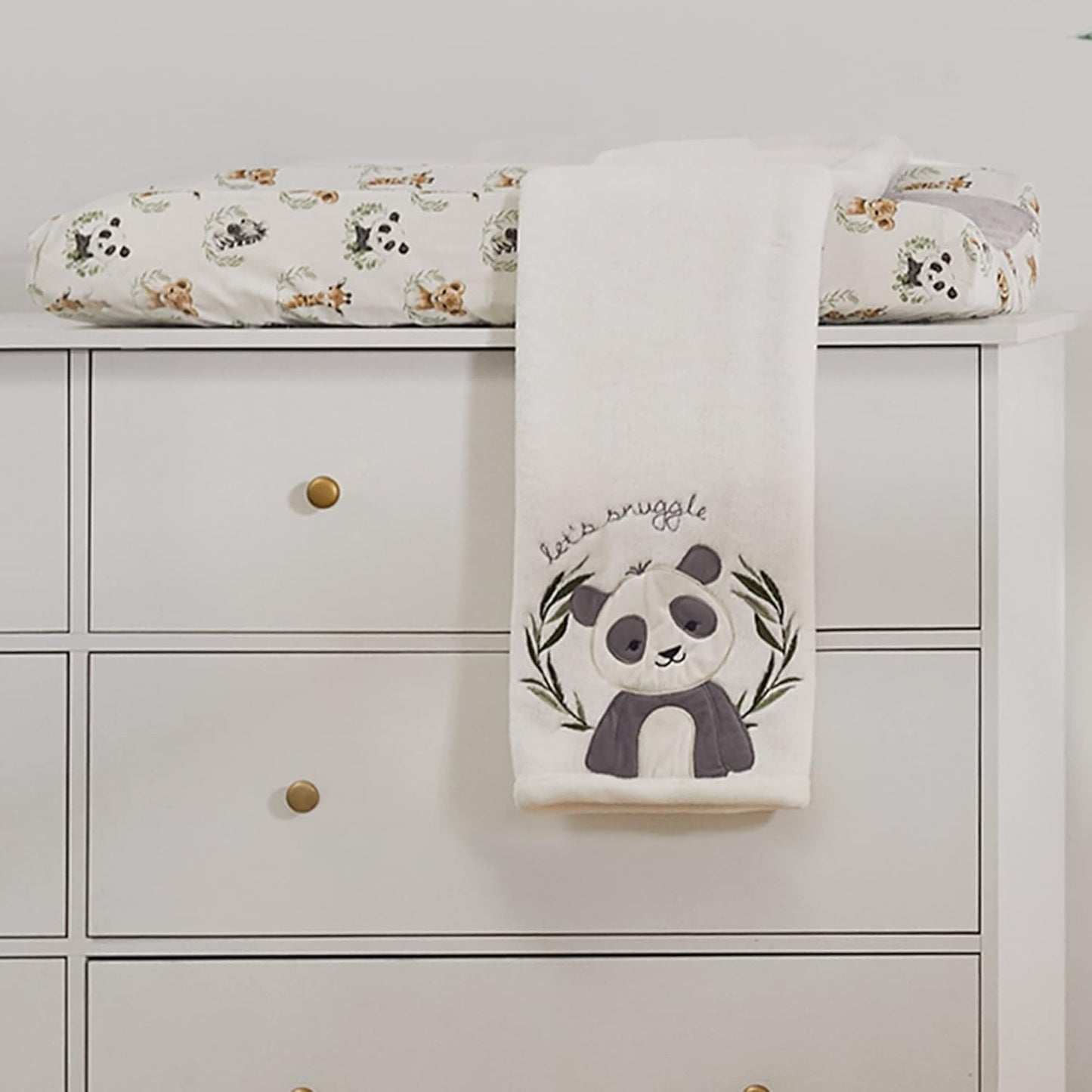 Levtex Baby - Mozambique Plush Blanket - Appliqued and Embroidered Panda on Cream Plush - Cream, Grey and Green - Nursery Accessories - Blanket Size: 30 X 40 In.