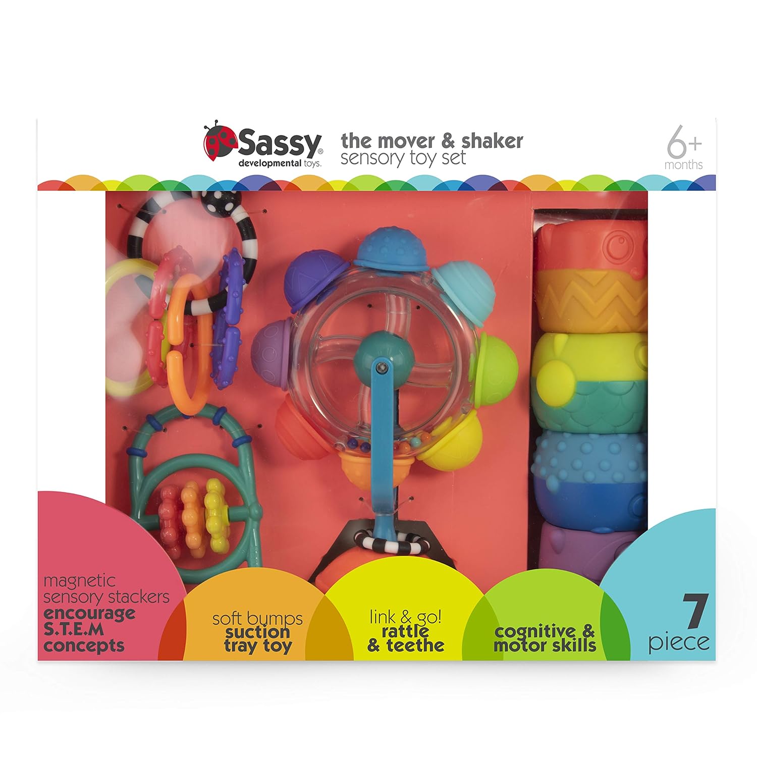 Sassy the Mover & Shaker Sensory Toy Gift Set for Ages 6+ Months, Multi, 6 Count