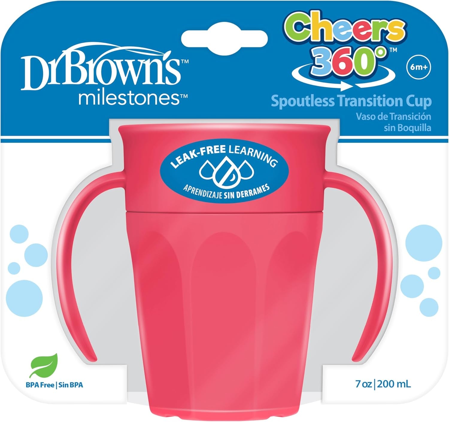 Dr. Brown'S Milestones Cheers 360 Cup Spoutless Transition Cup with Handles for Easy Grip & Leak-Free Learning, Pink, 7Oz/200Ml, 6M+ (Colors May Vary)