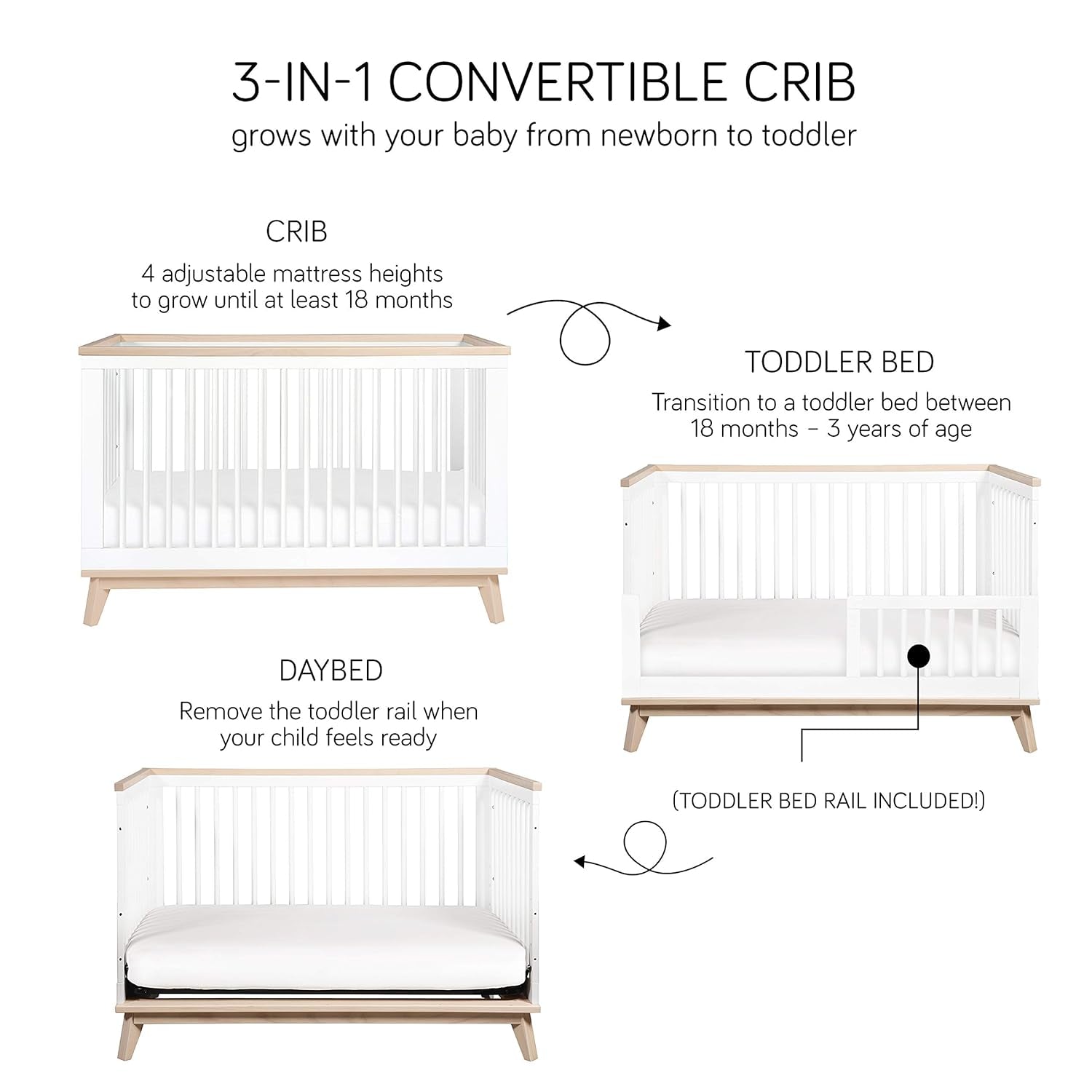 Babyletto Scoot 3-In-1 Convertible Crib with Toddler Bed Conversion Kit in White and Washed Natural, Greenguard Gold Certified