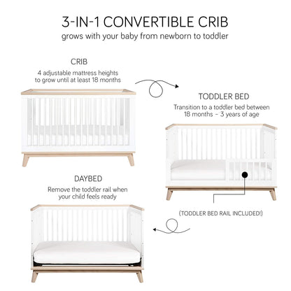 Babyletto Scoot 3-In-1 Convertible Crib with Toddler Bed Conversion Kit in White and Washed Natural, Greenguard Gold Certified