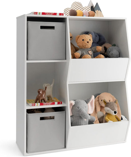 Costzon 5 Cubbies Kids Toy Storage Organizer with Bookcase, Children Bookshelf and Toy Storage Bins for Toddlers, Wooden Storage Cabinet for Play Room Living Room Nursery Daycare (White & Gray)