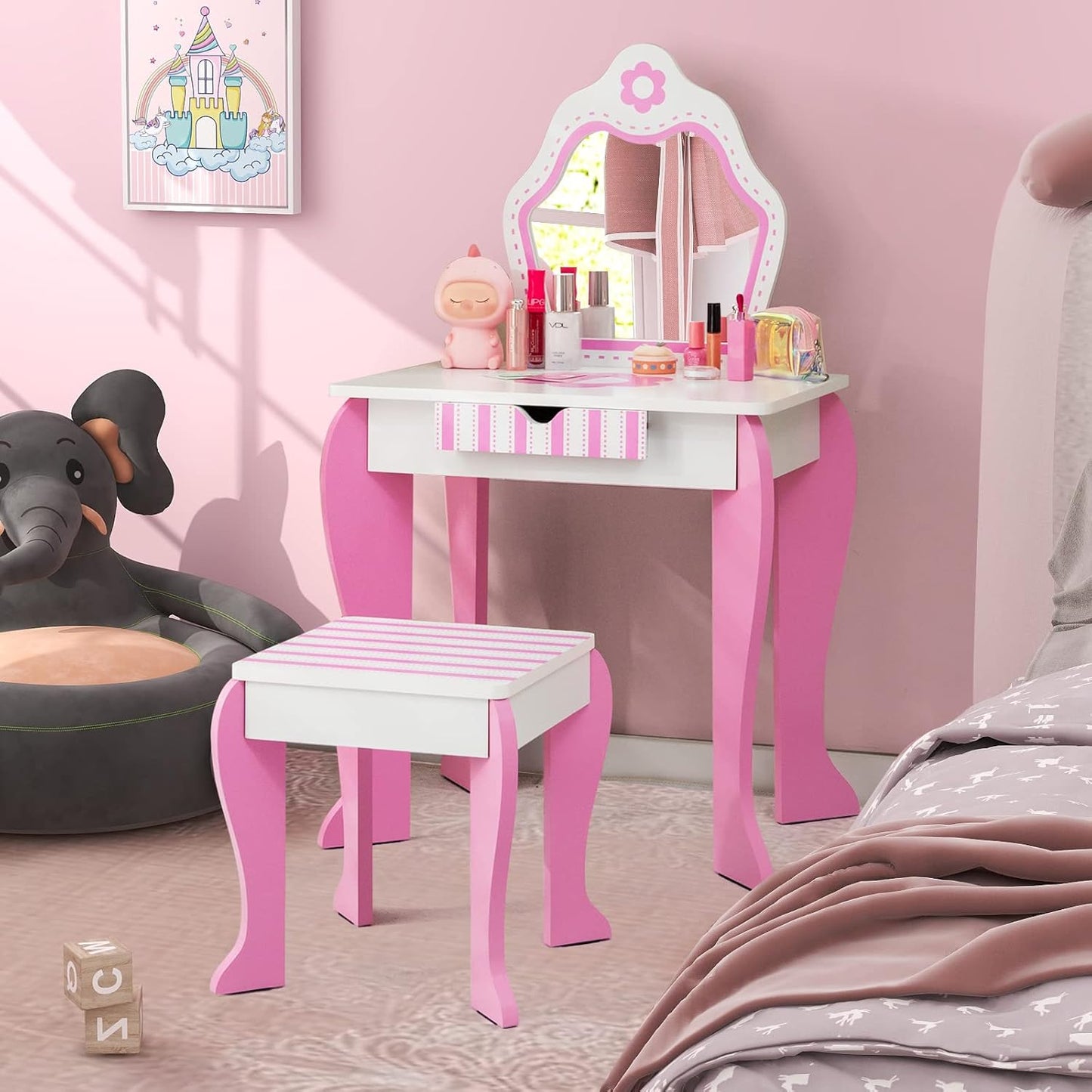 Costzon Kids Vanity, Girls Vanity Set with Mirror and Stool, Storage Drawer, Wooden Princess Makeup Dressing Table, Pretend Play Vanity Table and Chair Set for Toddlers