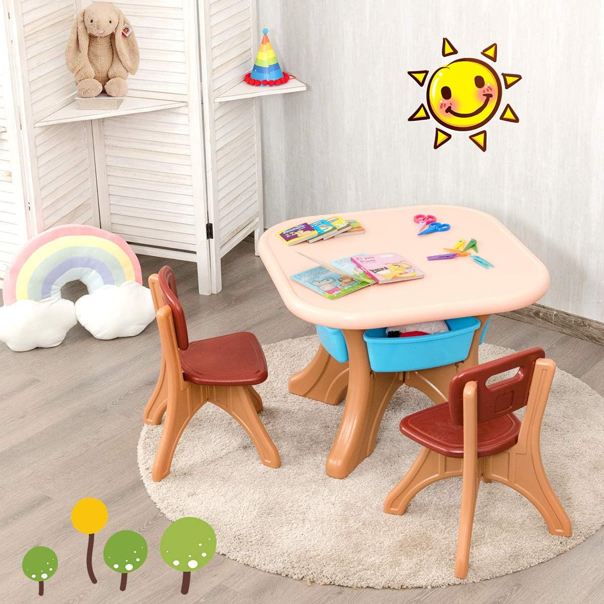 Costzon Kids Table and Chair Set, 3 Piece Activity Table W/Detachable Toy Storage Bin & 2 Chairs for Children Reading Art Craft, Strong Bearing Capacity, Lightweight, Toddler Table & Chair Set, Coffee