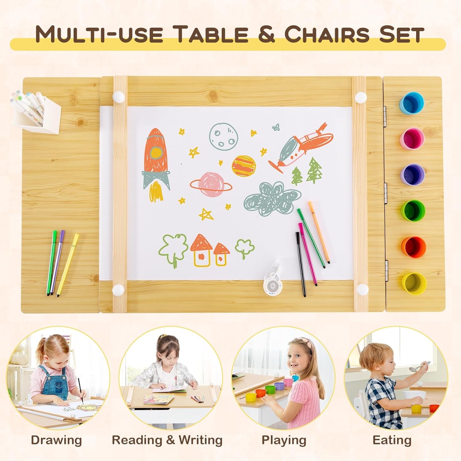 Costzon 3 in 1 Kids Table and Chair Set, Wood Art Table & Easel Set W/ 2 Chairs, 6 Storage Bins, Paper Roller, Paint Cups for Draw, Write, Play, Arts & Crafts, Toddler Table and Chair Set (Gray)