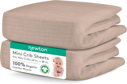 Newton Baby Mini Crib Fitted Sheets (2-Pack) | Organic Muslin Cotton, 100% Breathable & Soft Baby Sheets, Machine Washable Baby Mattress Sheets, Fits Any Mini Sized Crib 24" X 38", White