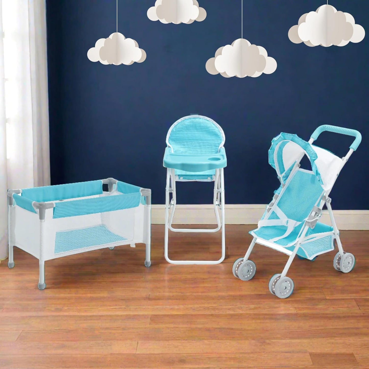 Olivia'S Little World Baby Doll 3Pc Nursery Set - Crib, High Chair & Stroller, Blue & White