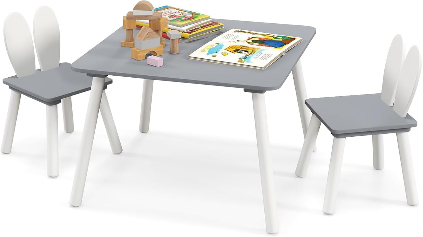 Costzon Kids Table and Chair Set, 3 Pieces Wooden Activity Play Table & 2 Cute Rabbit, Solid Wood Legs, Space-Saving Toddler Furniture for Preschool, Nursery, Children Playroom & Kindergarten (Gray)