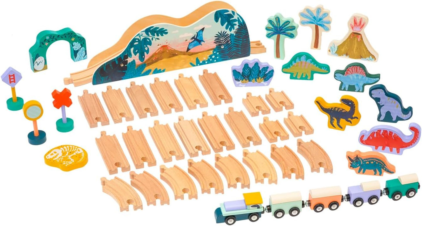 Manhattan Toy T-Rex Express 45-Piece Jurassic-Themed Wooden Toy Train Set for Toddlers 3 Years and Up