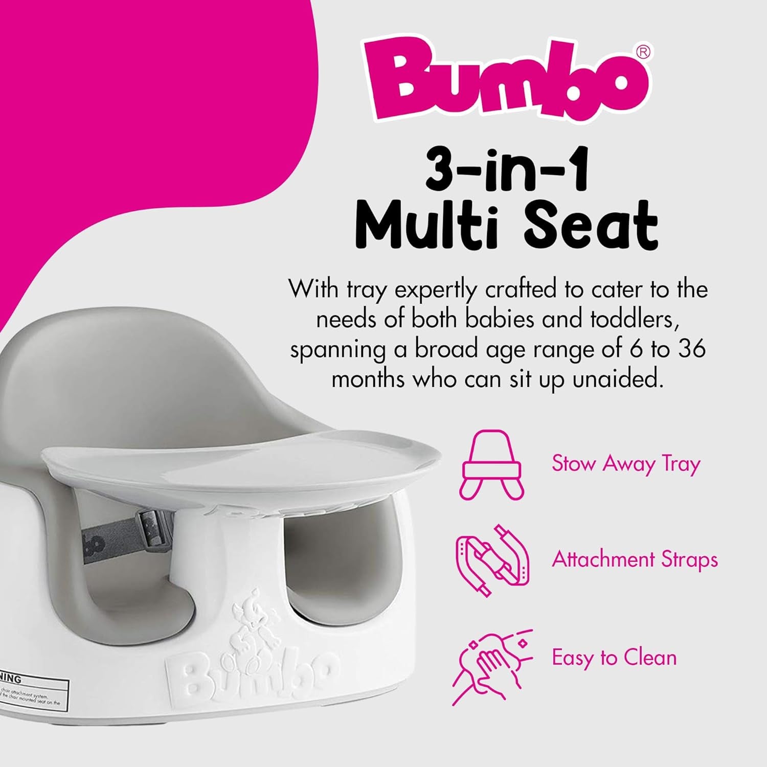 Bumbo Baby Toddler Adjustable 3 in 1 Multi Seat High Chair and Booster Seat with Removable Tray and Buckle Strap for Toddlers 1 to 3, Cool Gray