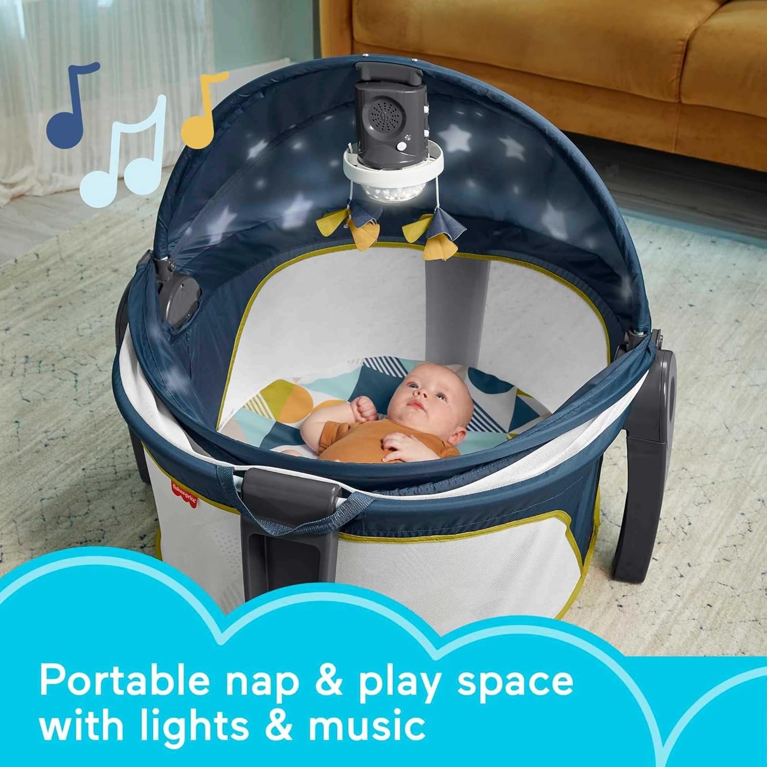 Fisher-Price Portable Baby Bassinet Deluxe On-The-Go Projection Dome, Travel Play Space for Newborns with Lights Music & Canopy, Cool Hues