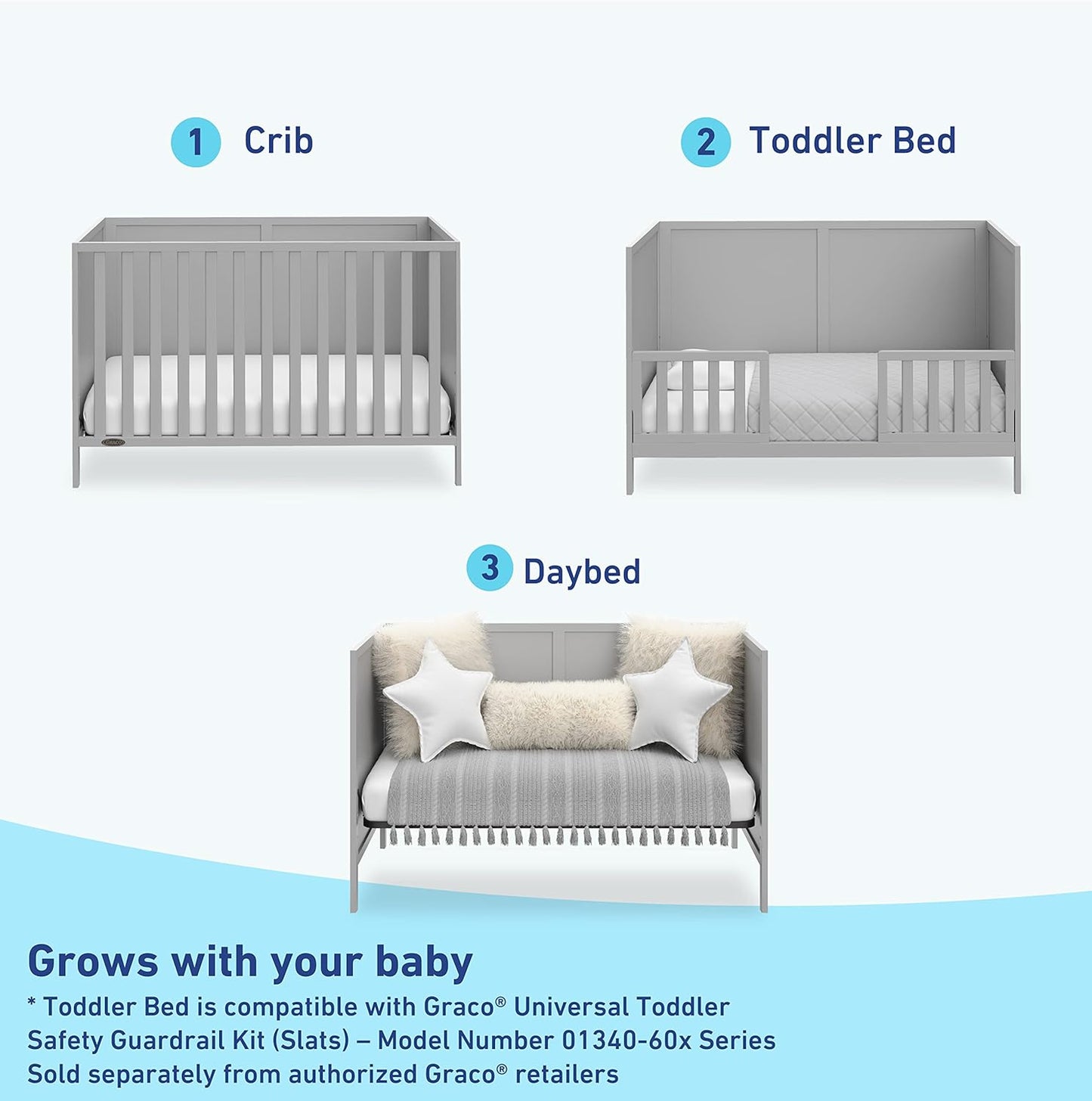 Graco Theo 3-In-1 Convertible Crib (Pebble Gray) - GREENGUARD Gold Certified, Converts to Toddler Bed & Daybed, Fits Standard Full-Size Crib Mattress, 4 Adjustable Mattress Heights