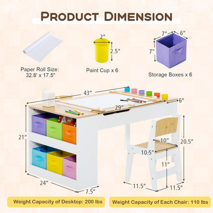 Costzon 3 in 1 Kids Table and Chair Set, Wood Art Table & Easel Set W/ 2 Chairs, 6 Storage Bins, Paper Roller, Paint Cups for Draw, Write, Play, Arts & Crafts, Toddler Table and Chair Set (Gray)