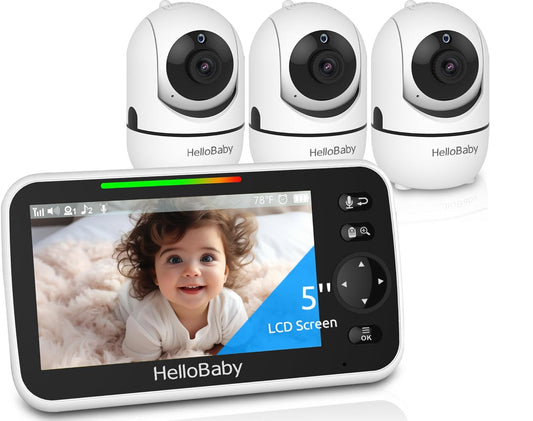 Hellobaby HB6550 5" Baby Monitor 3 Cameras, 26-Hour Battery, Pan-Tilt-Zoom,1000Ft Range Video Audio Baby Monitor No Wifi, ECO, Night Vision, 2-Way Talk, 8 Lullabies and Temperature, Ideal Gifts