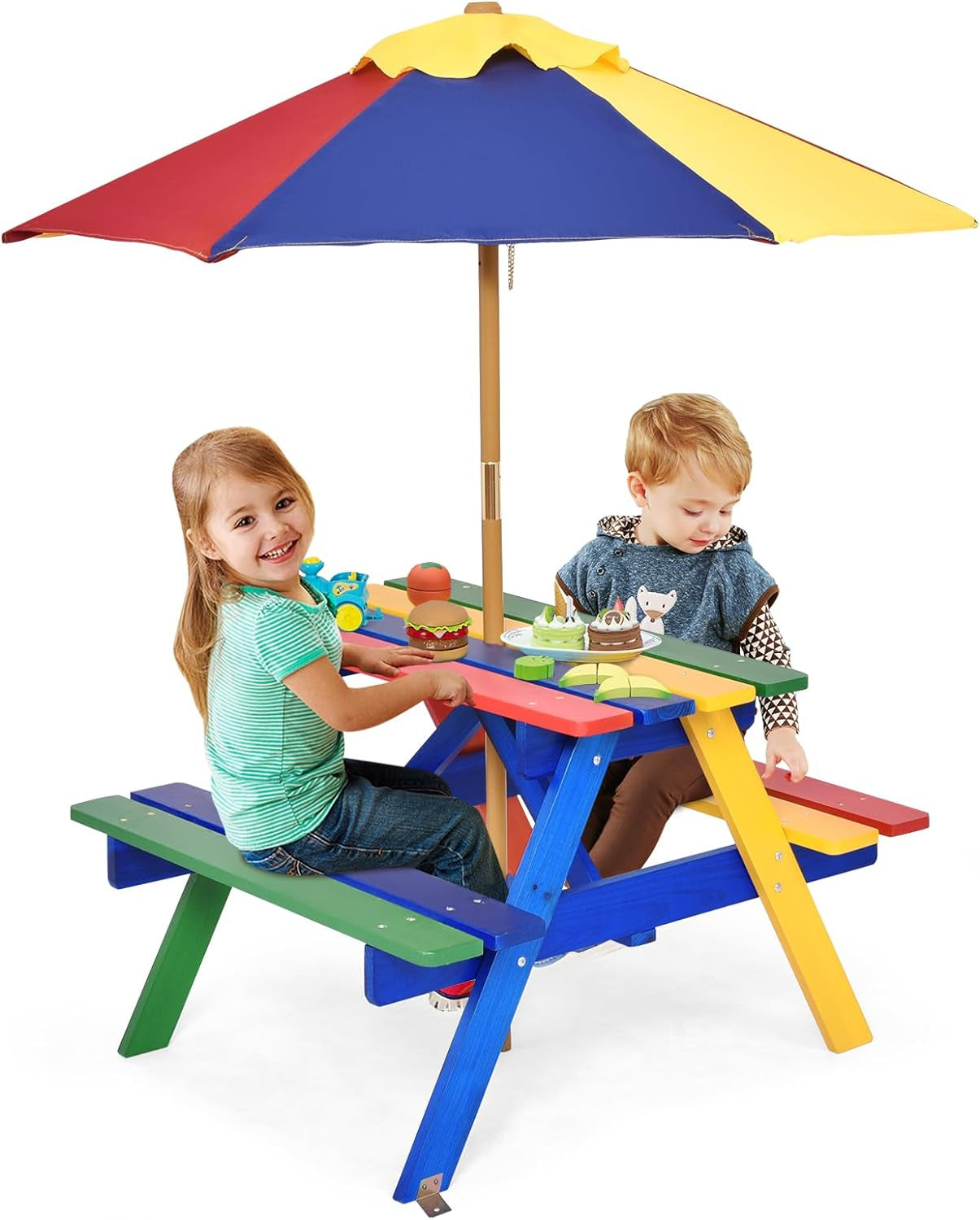 Costzon Kids Picnic Table, Wooden Childrens Table & Bench Set with Removable Umbrella, Kids Patio Furniture for Backyard, Garden, Kids Table and Chair Set for Outdoors