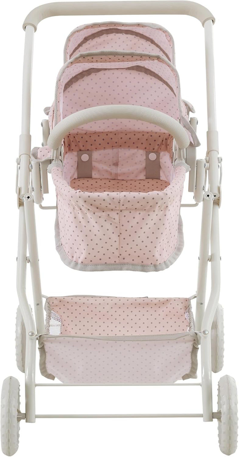 Olivia'S Little World Polka Dot Princess Baby Doll Twin Bassinet Stroller with Retractable Canopy & Storage, Pink/Gray