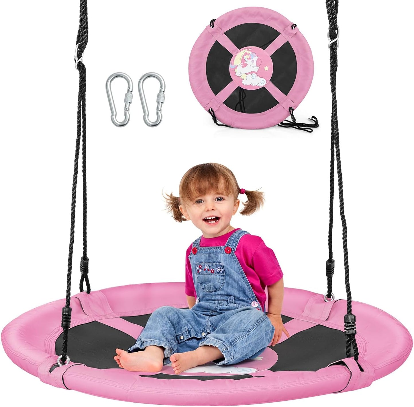 Costzon 40” Saucer Tree Swing for Kids, Flying Saucer Swing with 2 Carabiners, Adjustable Ropes, Waterproof 900D Oxford Cloth, round Swing for Outdoor Playground, Backyard (Pink Unicorn)