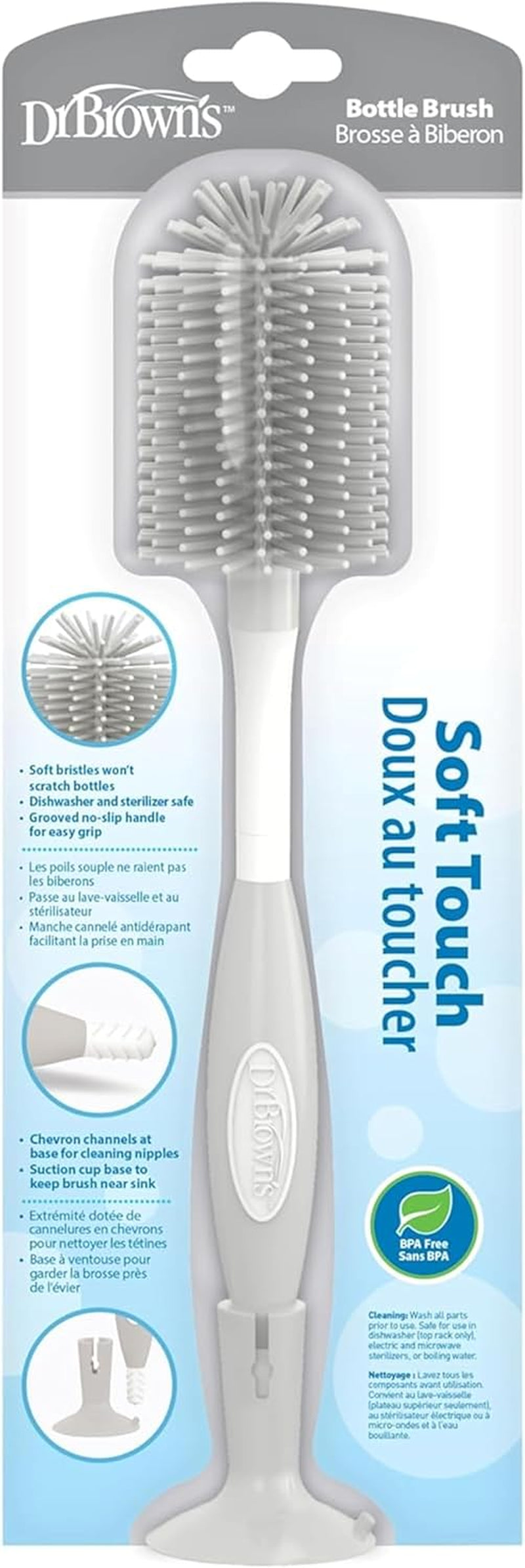 Dr. Brown'S Soft Touch No Scratch Baby Bottle Cleaning Brush Nipple Cleaner with Stand and Storage Clip, BPA Free, Pink 1-Pack