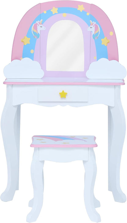 Fantasy Fields Little Dreamer Rainbow Unicorn Play Vanity Set with Rainbow-Shaped Mirror Frame, Cloud-Shaped Storage Drawers, and Stool, White with Pink, Blue and Lilac Rainbow Accents