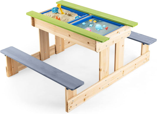 Costzon Kids Picnic Table, 3 in 1 Multipurpose Sand & Water Table W/Removable Top & 2 Storage Boxes, Wooden Construction, Bench Set for Indoor & Outdoor, Patio, Yard, Activity Play Table (Natural)