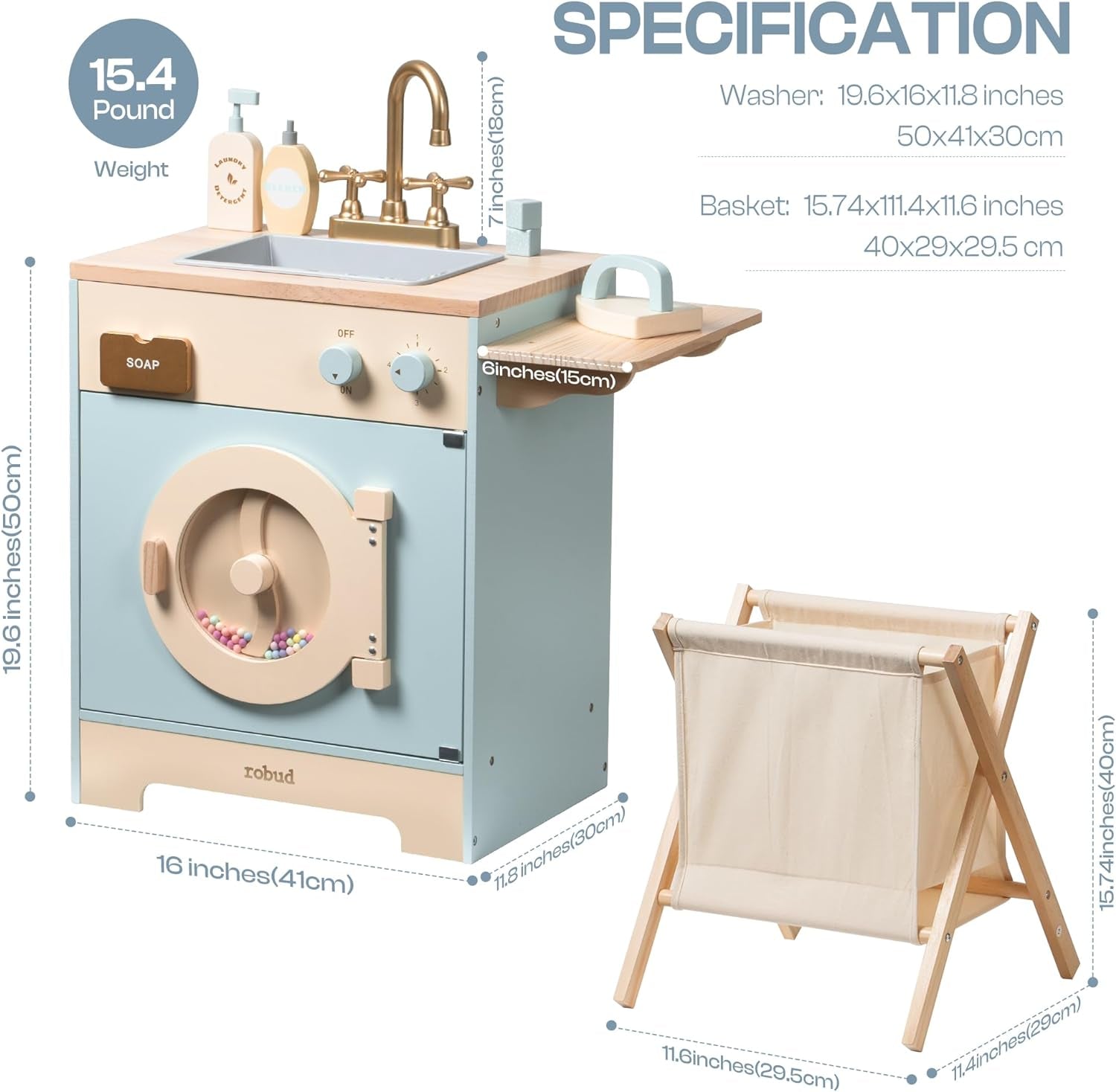 ROBUD Wooden Laundry Playset, Washer and Dryer Set for Kids, Realistic Pretend Play Washing Machine with Basket, Iron, Soap, Bleach, Laundry Detergent, Gift for Boys & Girls, Ages 3+