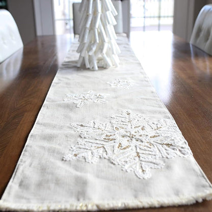 Mon Ami Christmas Table Runner with Embroidered Snowflakes, Seasonal Holiday Kitchen Dining Table Decoration for Indoor/Outdoor Home Party Décor,White