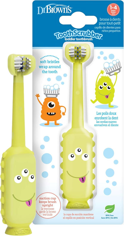 Dr. Brown'S Toothscrubber Toothbrush, Three-Sided Toddler Training Toothbrush for Ages 1-4 Years with Suction Cup Base and Color Changing Bristles