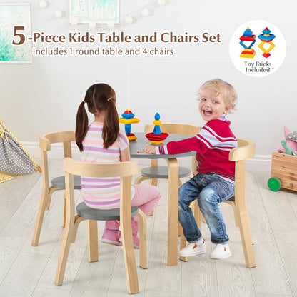 Costzon Kids Table and Chair Set, 5-Piece Wooden Activity Table W/ 4 Chairs, Toy Bricks, Classroom Playroom Daycare Furniture for Playing, Drawing, Reading, Bentwood Toddler Table & Chairs (Natural)