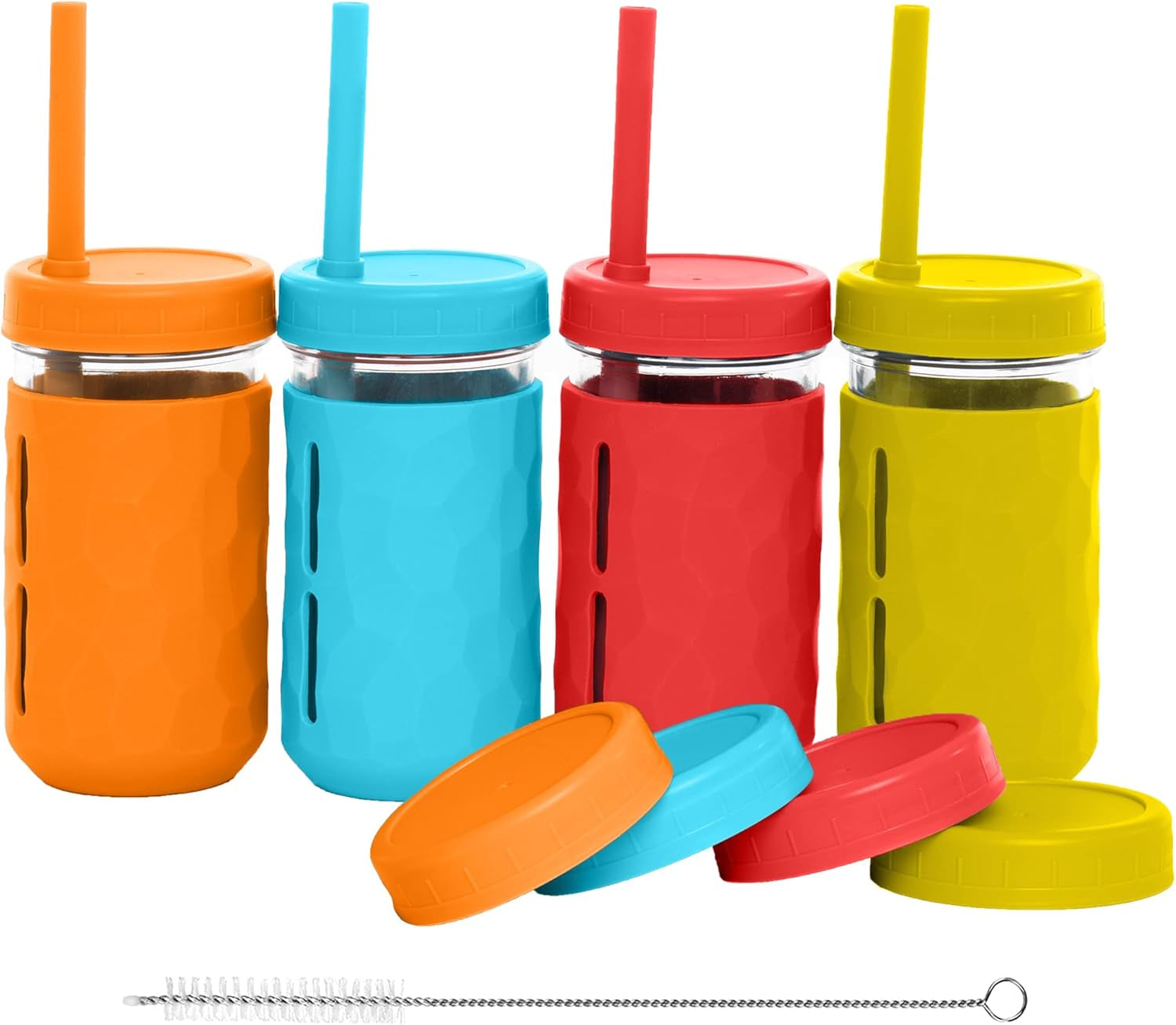 Weesprout Glass Cups with Lids & Straws, Spill-Resistant Smoothie Cups for Toddlers & Kids, Baby Food Storage & Snack Jars, XL Silicone Straws, Easy-Grip Sleeves, 8 Oz, Set of 4