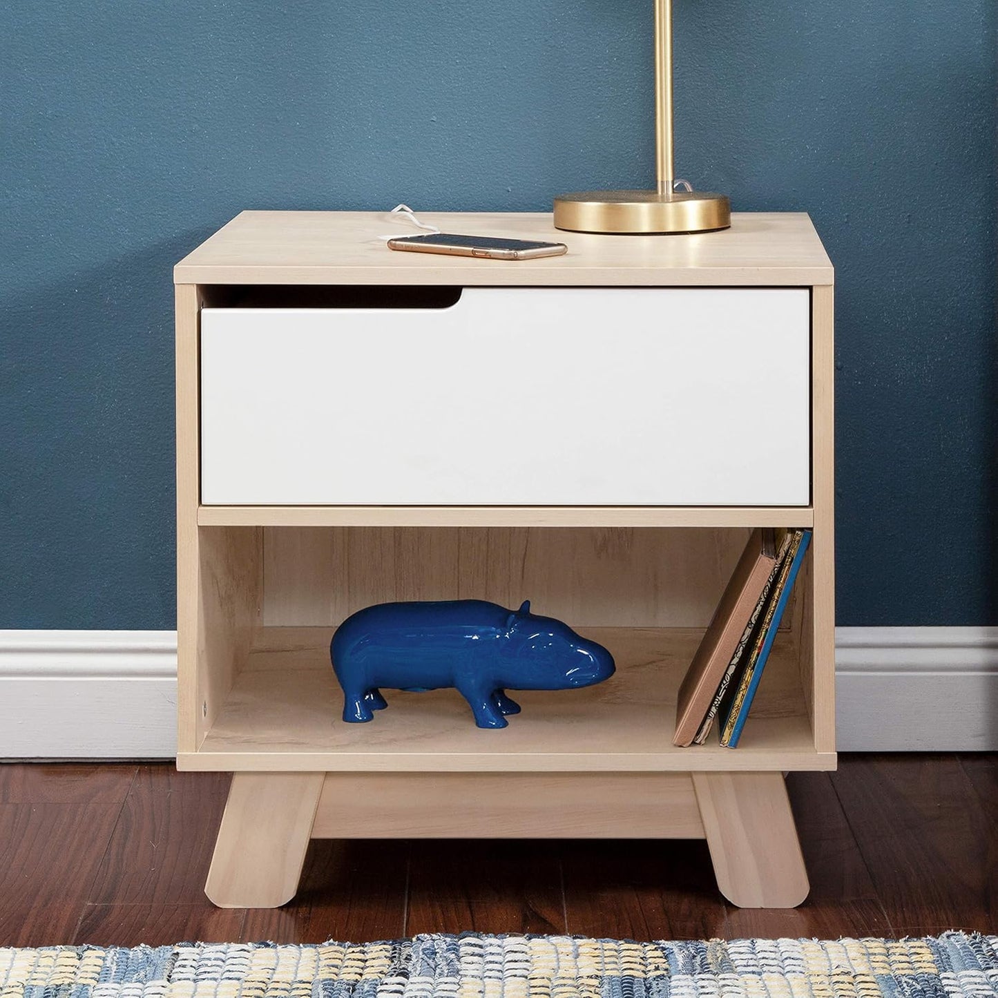 Babyletto Hudson Nightstand with USB Port in Washed Natural and White, 1 Drawer and Storage Cubby