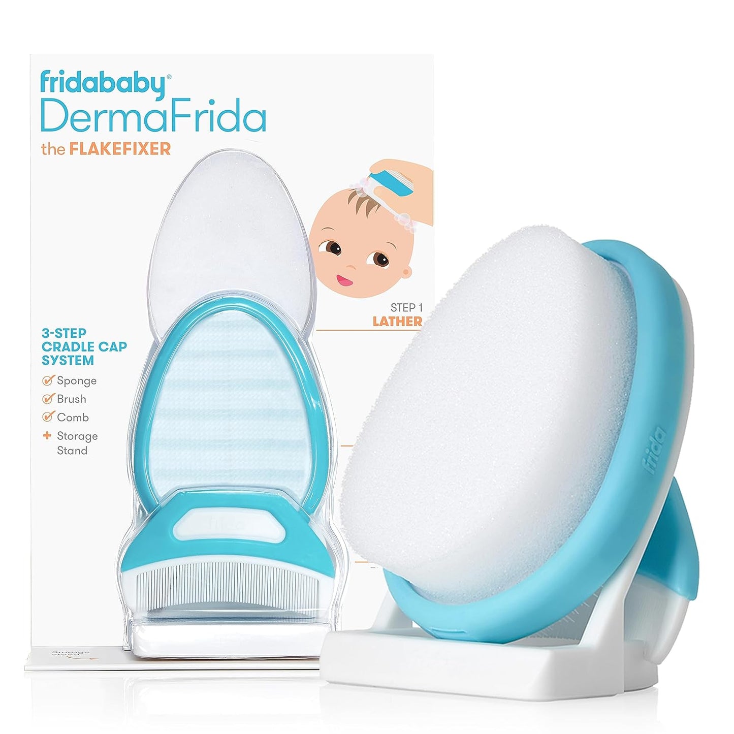 Frida Baby the 3-Step Cradle Cap System, Dermafrida the Flakefixer, Sponge, Brush, Comb and Storage Stand + Frida Baby Medicine Pacifier, Medicine Syringe & Accu-Dose Pacifier