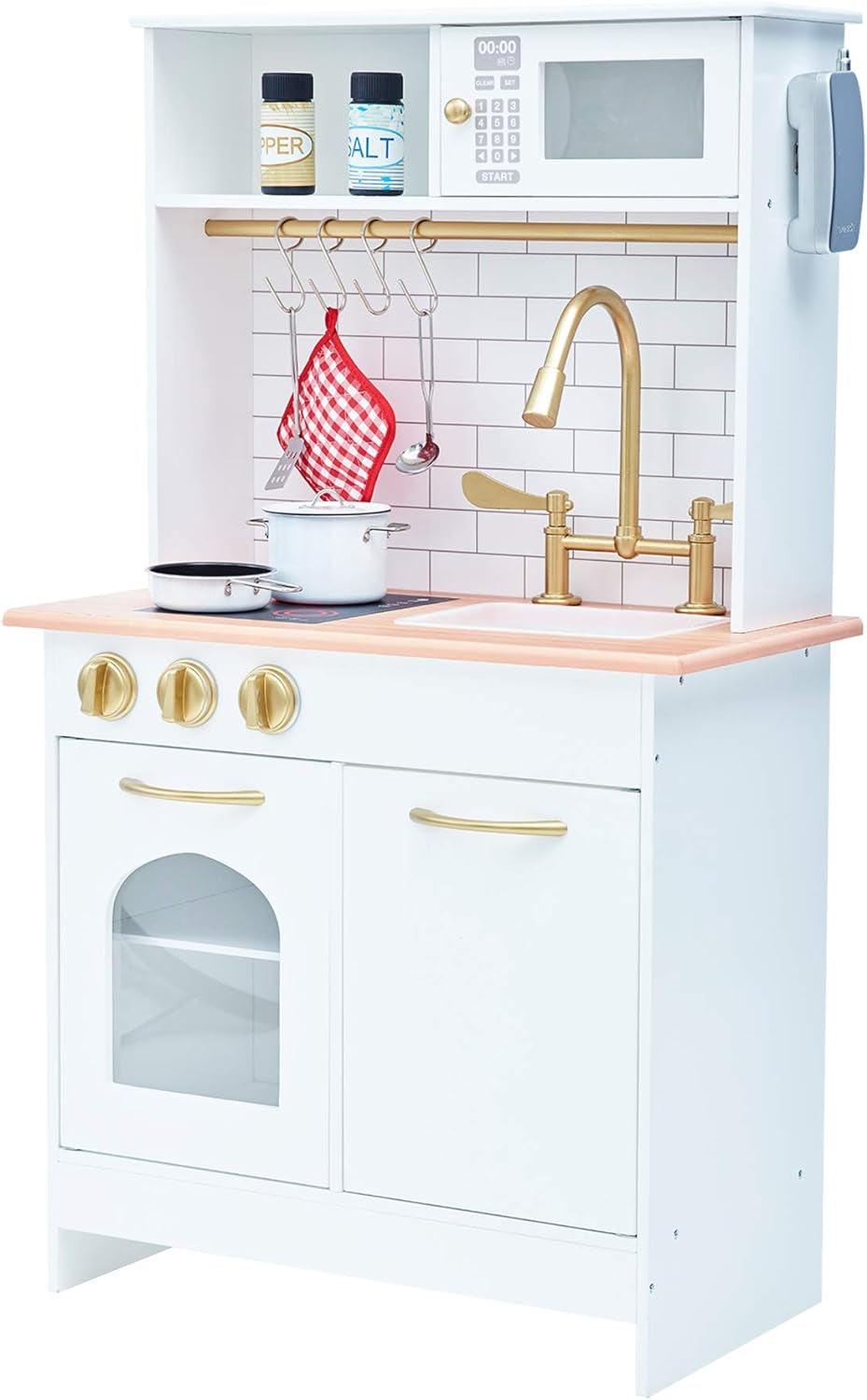 Teamson Kids Little Chef Boston Compact Farmhouse Interactive Wooden Play Kitchen with Sink, Oven, Microwave and Storage Space for Easy Clean Up, White with Gold Finishes