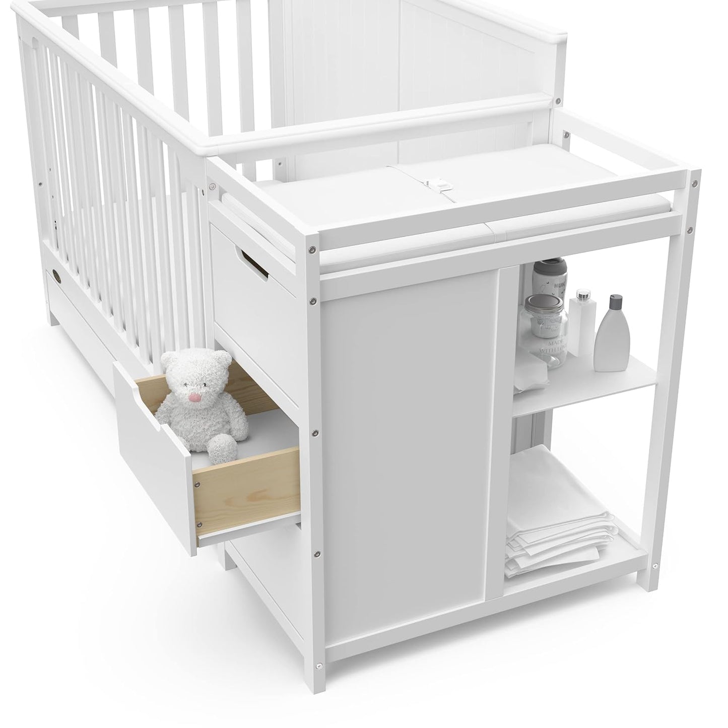 Graco Hadley 5-In-1 Convertible Crib and Changer with Drawer (White) – GREENGUARD Gold Certified, Crib and Changing -Table Combo with Drawer, Includes Baby Changing Pad, Converts to Full-Size Bed