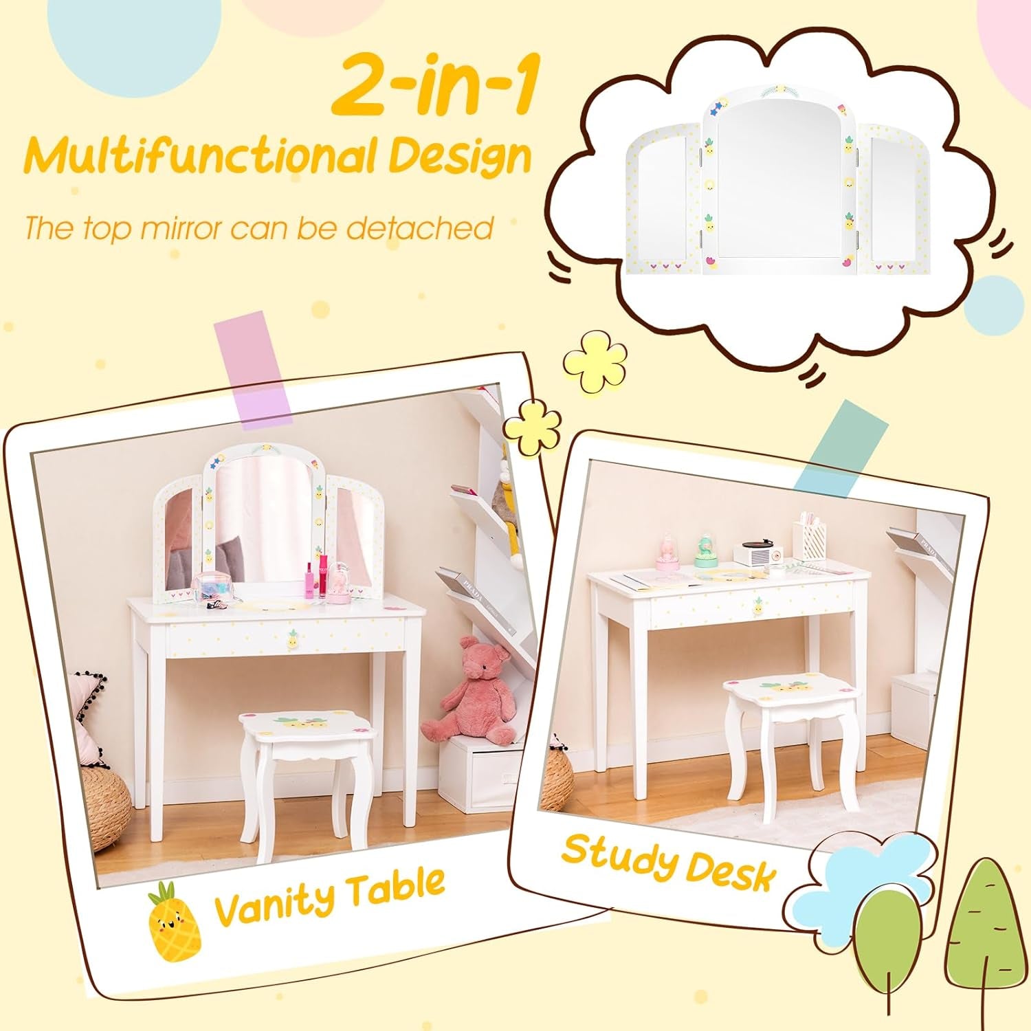 Costzon Kids Vanity Table, Princess Makeup Dressing Table with Drawer & Tri-Folding Mirror, 2-In-1 Vanity Set with Detachable Top, Pretend Beauty Play Vanity Set for Girls (Fruit Pattern)