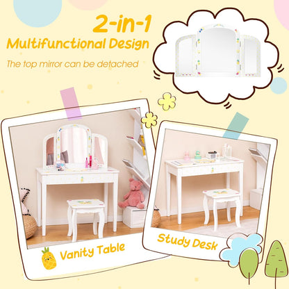 Costzon Kids Vanity Table, Princess Makeup Dressing Table with Drawer & Tri-Folding Mirror, 2-In-1 Vanity Set with Detachable Top, Pretend Beauty Play Vanity Set for Girls (Fruit Pattern)