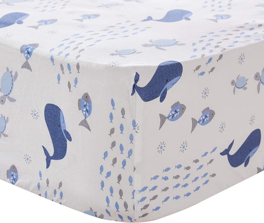 Levtex Baby - Boho Bay Sealife Crib Fitted Sheet - Fits Standard Crib and Toddler Mattress - Tossed Whale, Fish, Turtles - Navy, Blue, Grey, White - Nursery Accessories - 100% Cotton